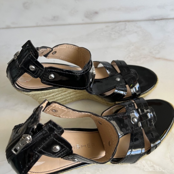 Marc Fisher High Wedge Black Patent Sandal with Metal Hardware - Picture 2 of 4